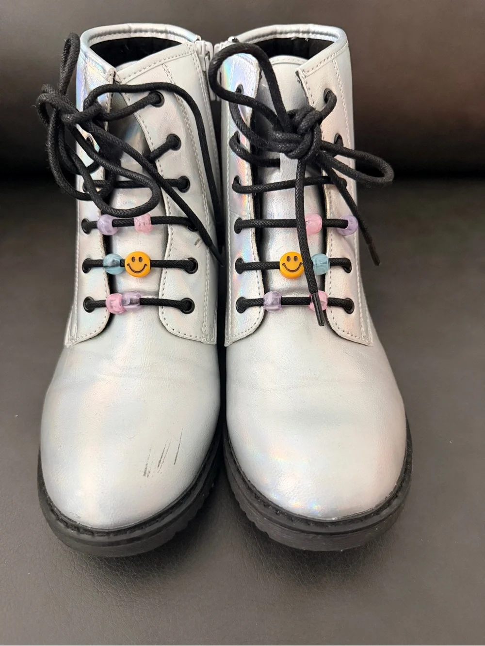 Children’s Place Kids Iridescent Silver Lace-Up Boots with Smiley Beads